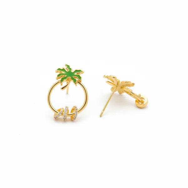 Gold_Plated_Green_Enamel_Palm_Tree_Circle_Cz_Earrings_For_Women